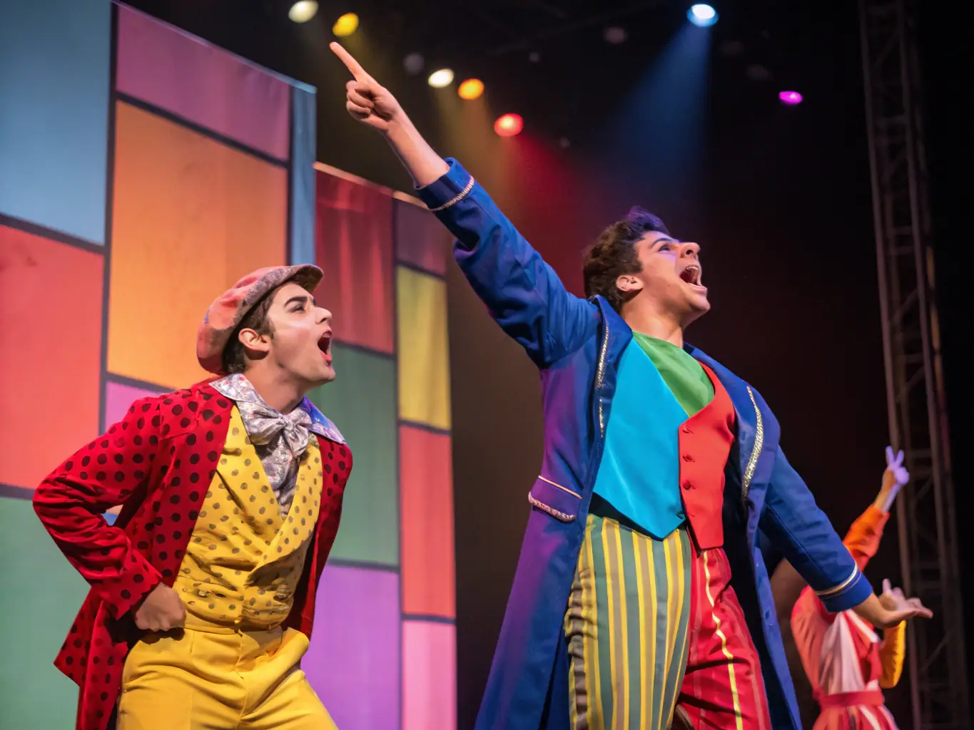 A lively scene from a local theater production, capturing the energy and excitement of a live performance.