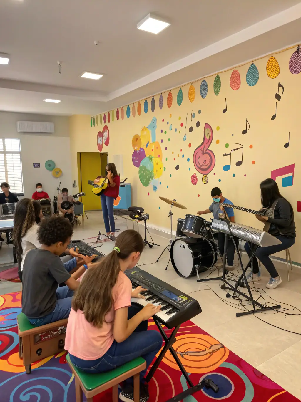 A dynamic image of a music class in session, with participants playing various instruments and a conductor leading the ensemble, illustrating the joy of music-making.