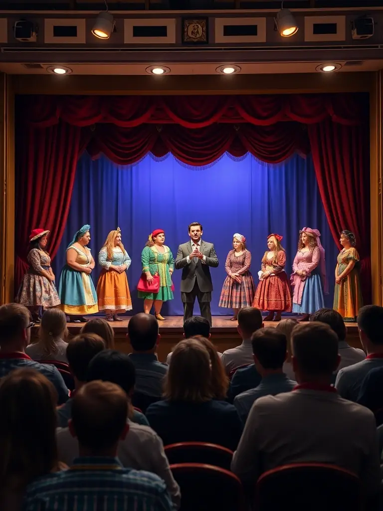 A captivating scene from a local theater production, showcasing actors in costume performing on stage, with an audience watching attentively, highlighting the cultural richness of the event.
