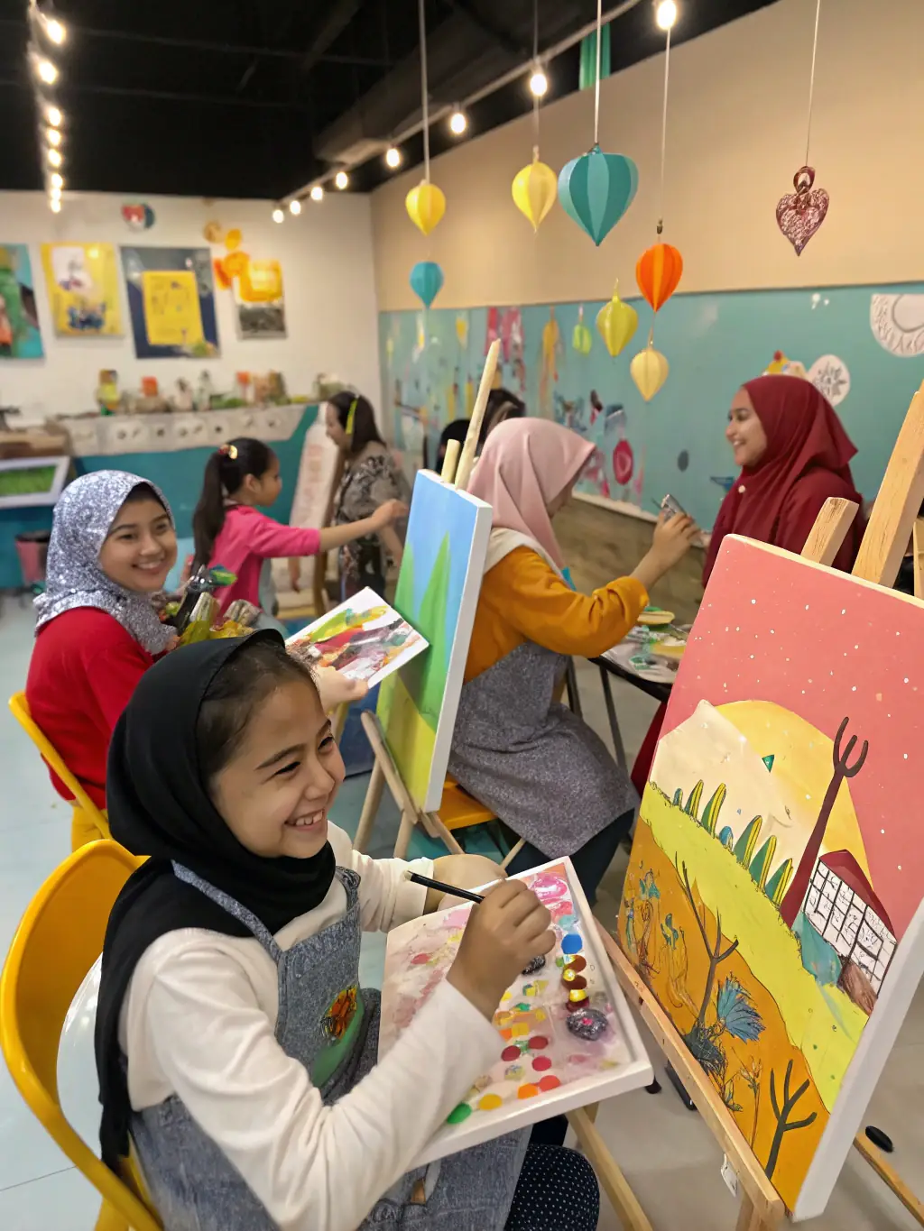An engaging image of an art workshop, with participants of all ages creating colorful paintings and sculptures.