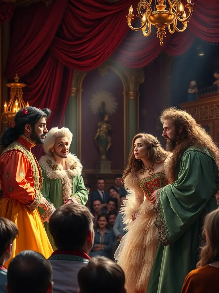 A dynamic image of a community theater production, with actors in costume performing a scene on stage.