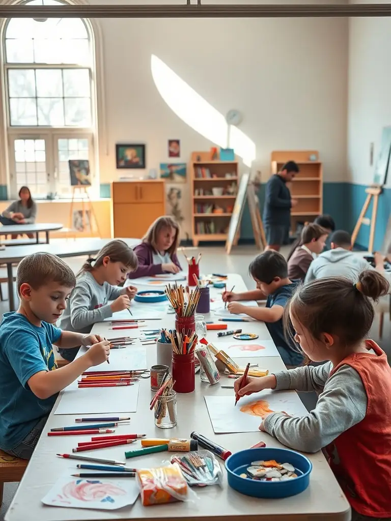 A photograph capturing a lively art workshop in Pont l'Abbe, featuring children and adults painting together, showcasing the community's engagement in creative activities.